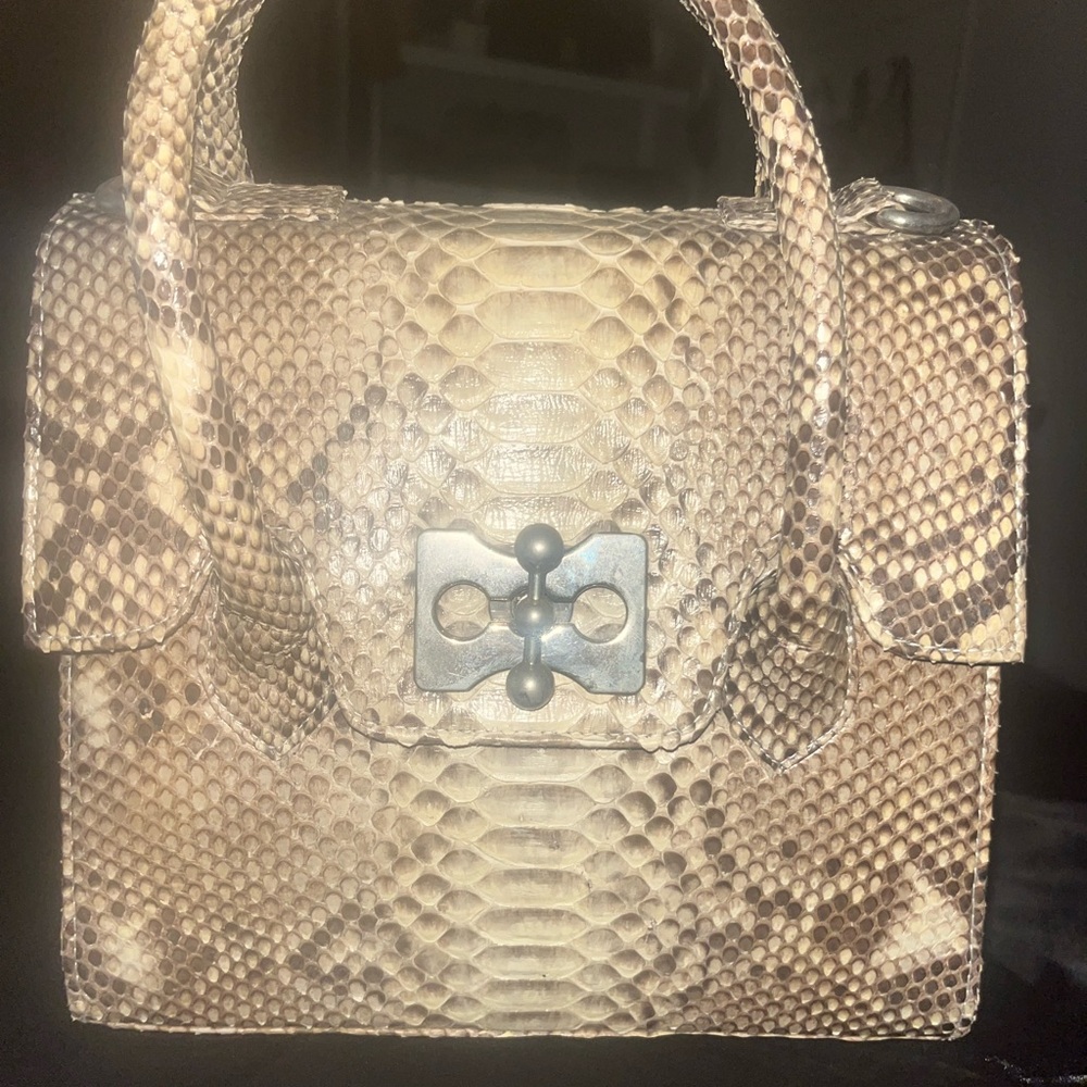 Tan Snakeskin Satchel with Top Handles